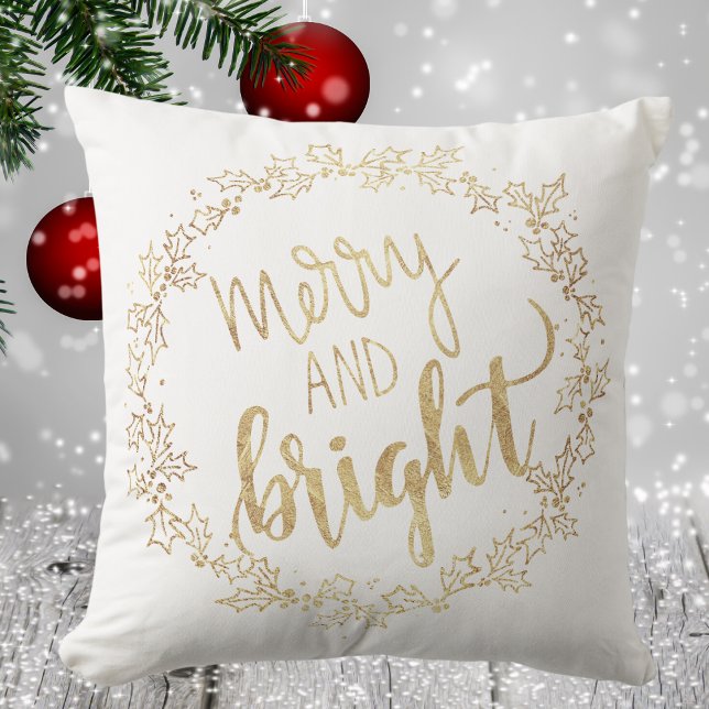 Merry & Bright - White & Gold - Christmas Cushion (Merry & Bright - White & Gold - Christmas Throw Pillow)