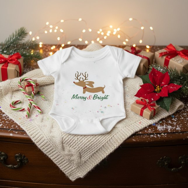 Merry & Bright Wiener Dog Christmas Outfit Baby Baby Bodysuit (Merry & Bright dachshund Christmas baby outfit - )