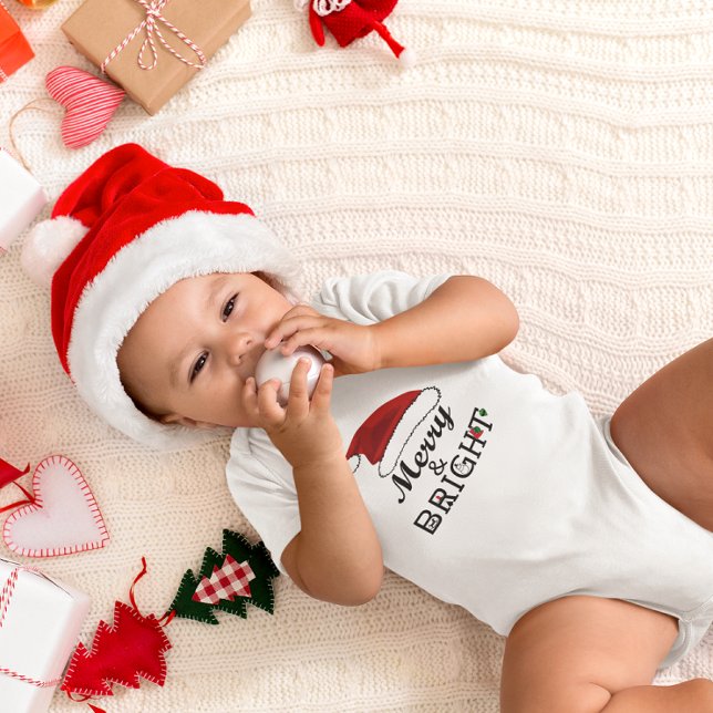 Merry & Bright with Santa Hat Christmas Baby Bodysuit (Merry & Bright with Santa Hat Christmas Baby Bodysuit )