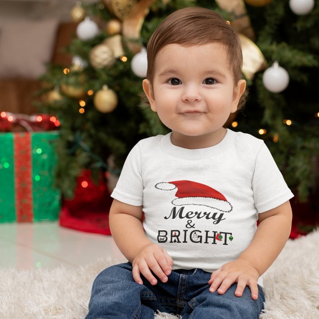 Merry & Bright with Santa Hat Christmas Baby T-Shirt (Merry & Bright with Santa Hat Christmas Baby T-Shirt)