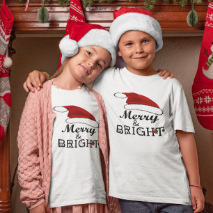 Merry & Bright with Santa Hat Christmas Kids T-Shirt