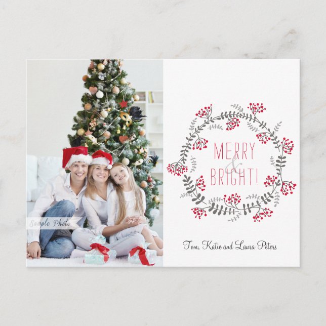 Merry & Bright Wreath Holiday Postcard (Front)