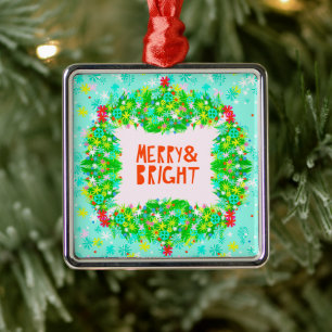 Merry & Bright Wreath Metal Ornament