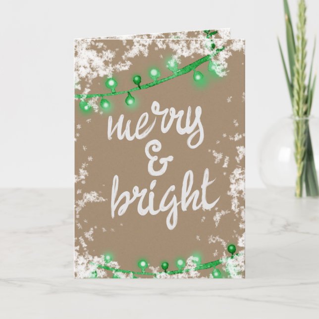 Merry & Bright Writing Green Snow Tree Light Kraft Holiday Card (Front)