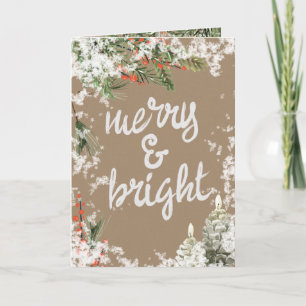 Merry & Bright Writing Snowy Pine & Ilex Berries Holiday Card