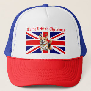 Merry British Christmas Corgi Reindeer Antlers Trucker Hat