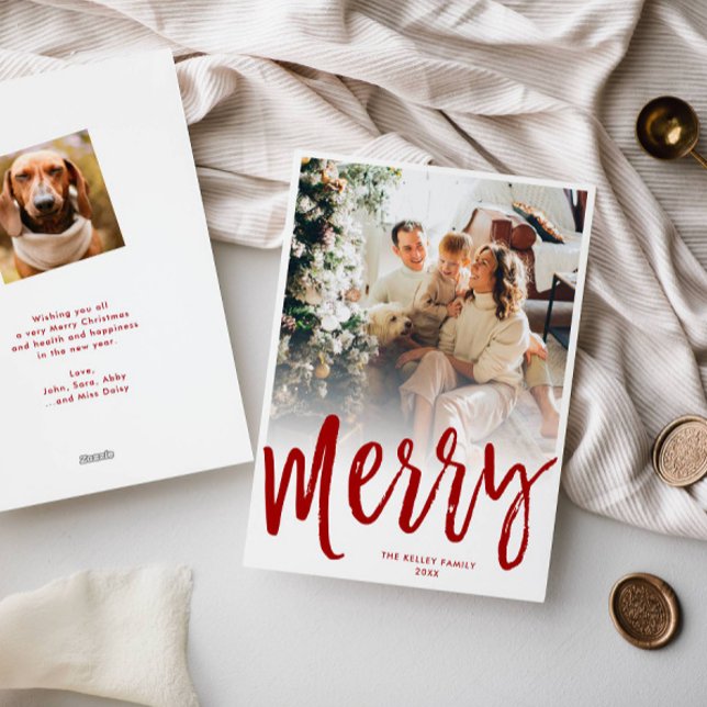 Merry Brush Script Christmas Card, Photo Back, Red Holiday Card (Creator Uploaded)