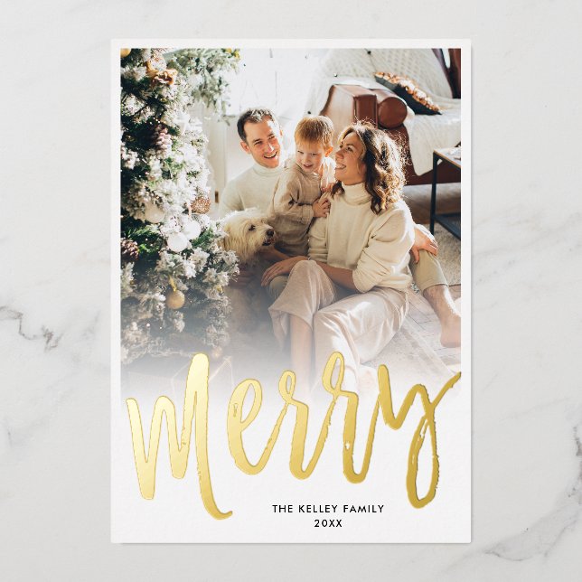 Merry Brush Script Minimalist Vertical Photo Real Foil Holiday Card (Front)
