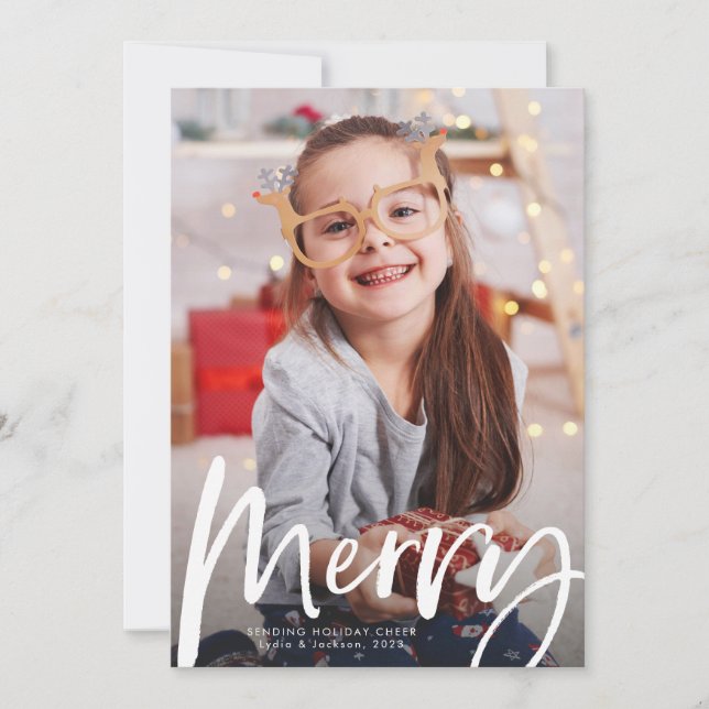 Merry brush script one photo Christmas Holiday Card (Front)