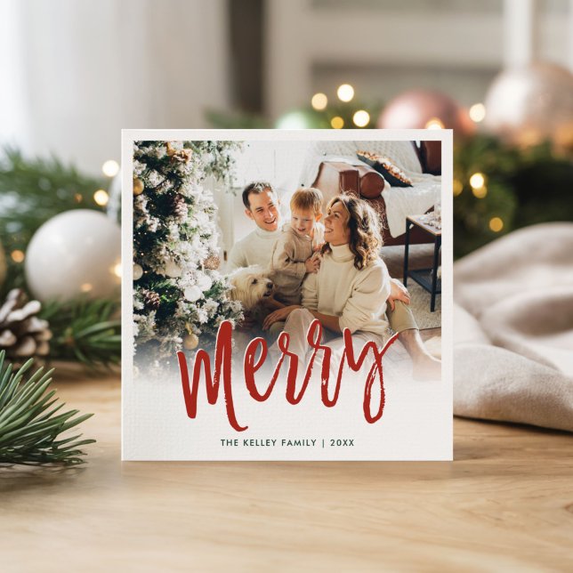 Merry Brush Script Red, Square Holiday Card (Creator Uploaded)