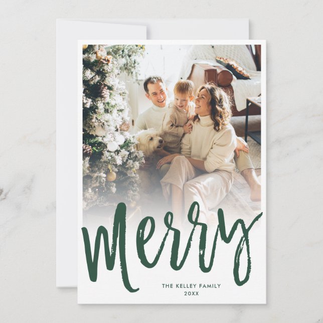 Merry Brush Script Text/Photo on Back, Green Holiday Card (Front)