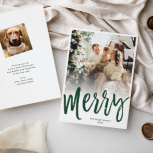 Merry Brush Script Text/Photo on Back, Green Holiday Card