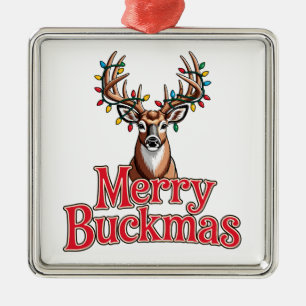 Merry Buckmas Deer Head Hunting Holiday Christmas Metal Ornament