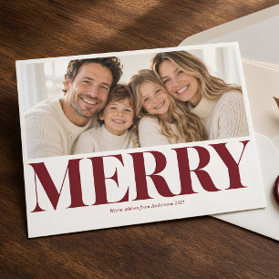 Merry Burgundy Bold Serif Family Christmas Photo Holiday Card