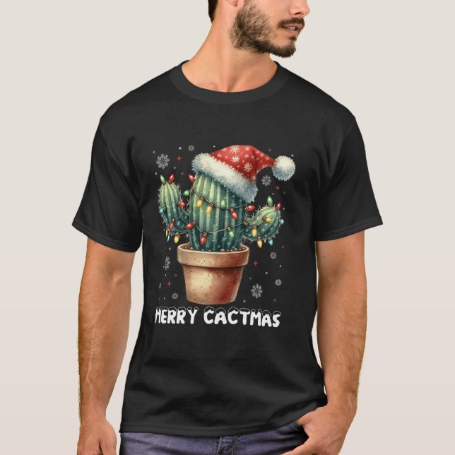 Merry Cactmas Christmas Cactus Santa Hat Xmas Tree T-Shirt (Front)