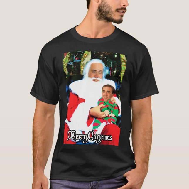 Merry Cagemas Santa Knee Nicolas Cage Christmas Es T-Shirt (Front)