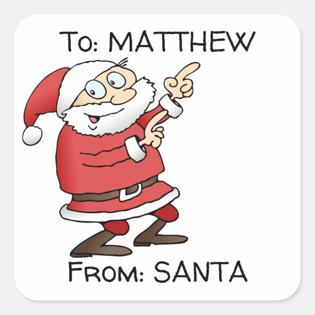 Merry Cartoon Santa Claus Pointing At Your Name Square Sticker (Front)