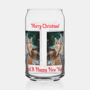 Merry Cat Christmas Photo text customize Can Glass