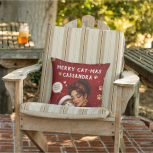 Merry Cat-Mas Crimson Christmas Photo Name Messag Cushion