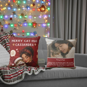 Merry Cat-Mas Crimson Christmas Photo Name Messag Cushion