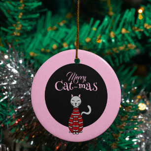 Merry Cat-Mas Pink/Black Christmas  Ceramic Ornament