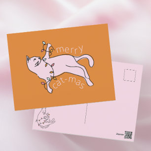 Merry Cat-mas Pink Cat Christmas Light Holiday Postcard