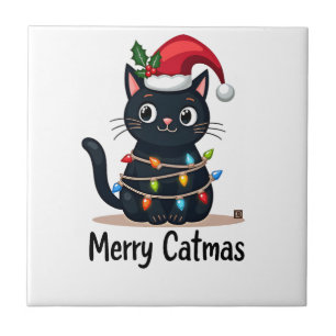 Merry Catmas Black Cat Christmas Light Xmas Family Ceramic Tile