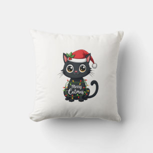 Merry Catmas Black Cat Christmas Light Xmas Family Cushion