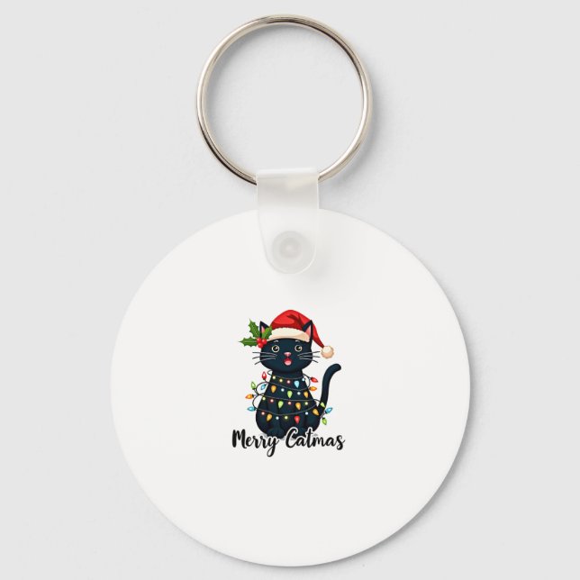 Merry Catmas Black Cat Christmas Light Xmas Family Key Ring (Front)