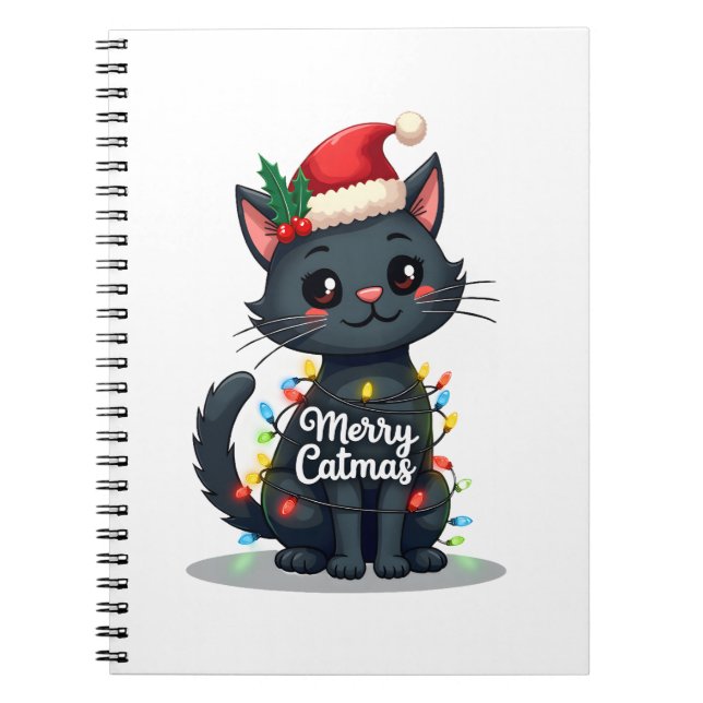 Merry Catmas Black Cat Christmas Light Xmas Family Notebook (Front)