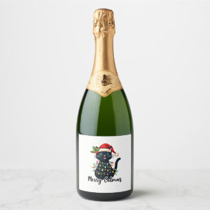 Merry Catmas Black Cat Christmas Light Xmas Family Sparkling Wine Label
