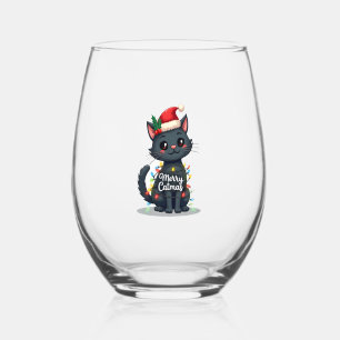 Merry Catmas Black Cat Christmas Light Xmas Family Stemless Wine Glass