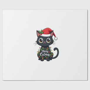 Merry Catmas Black Cat Christmas Light Xmas Family Wrapping Paper