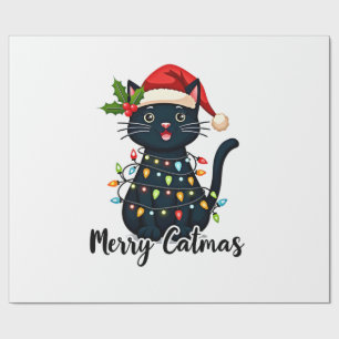 Merry Catmas Black Cat Christmas Light Xmas Family Wrapping Paper