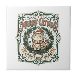 Merry Catmas Cat Christmas Vintage Vector Art Shir Ceramic Tile