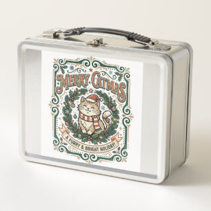 Merry Catmas Cat Christmas Vintage Vector Art Shir Metal Lunch Box