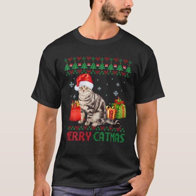 Merry Catmas Cat Ugly Christmas American Shorthair T-Shirt (Front)