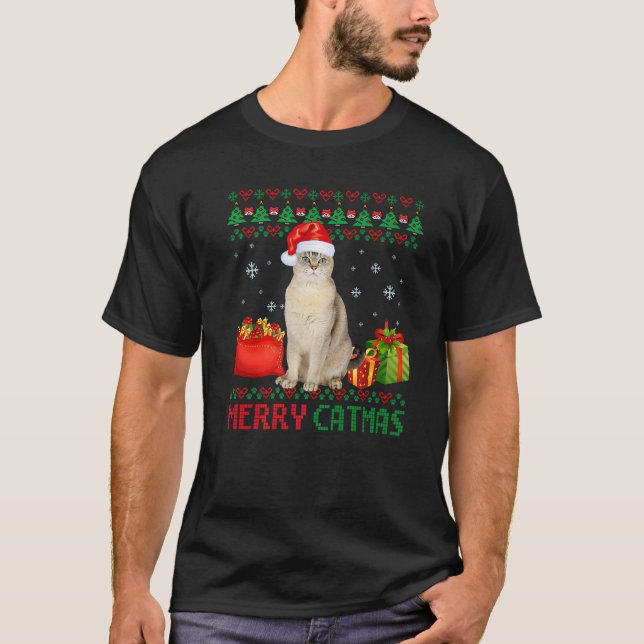 Merry Catmas Cat Ugly Christmas Burmilla Mum Dad T-Shirt (Front)
