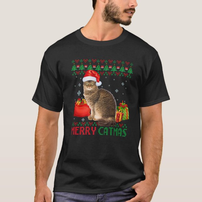 Merry Catmas Cat Ugly Christmas Laperm Cat Mum Dad T-Shirt (Front)