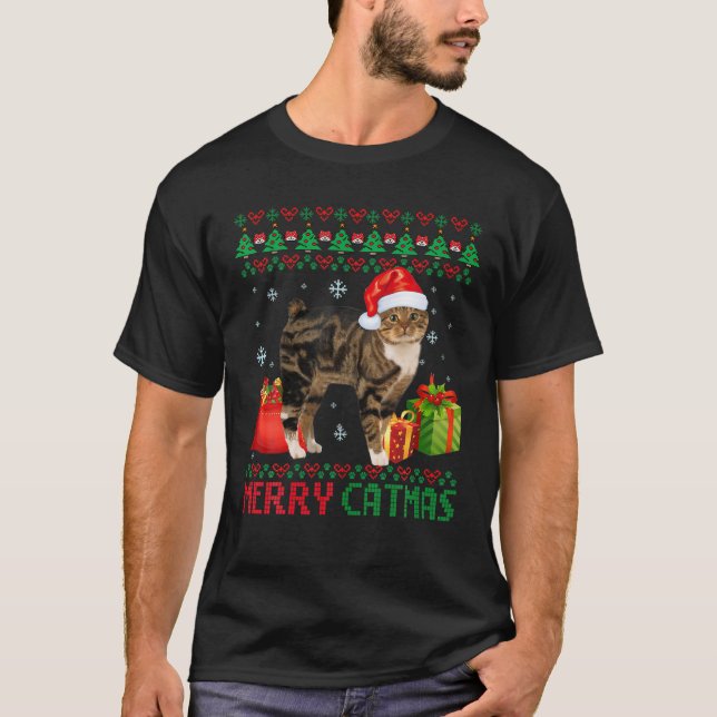 Merry Catmas Cat Ugly Christmas Manx Catt Mum Dad T-Shirt (Front)
