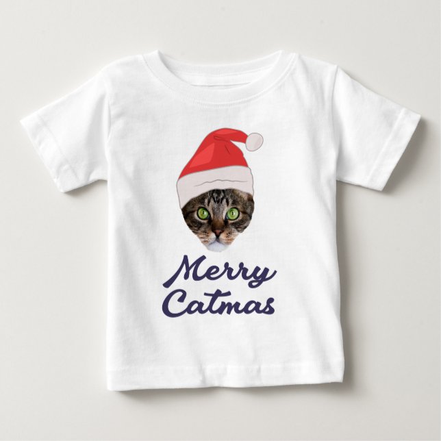 Merry Catmas, Christmas Cat Santa hat Invitation Baby T-Shirt (Front)