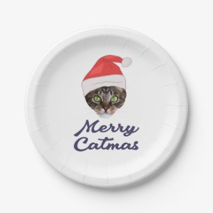 Merry Catmas, Christmas Cat Santa hat Invitation Paper Plate
