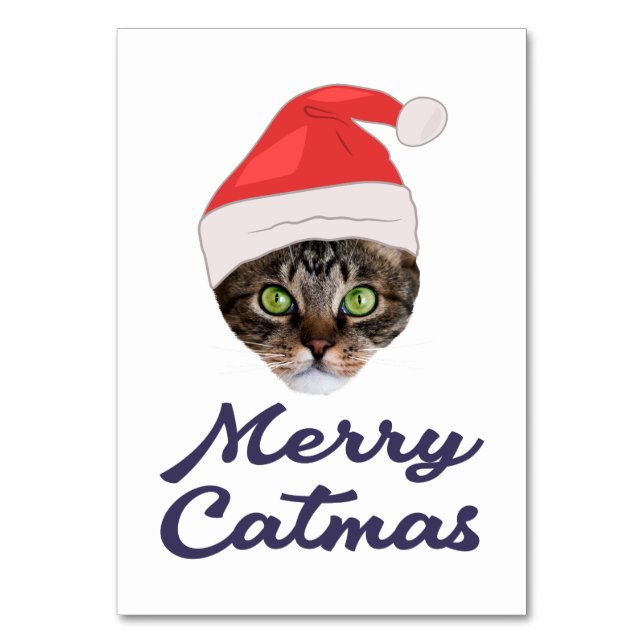 Merry Catmas, Christmas Cat Santa hat Invitation Table Number (Front)
