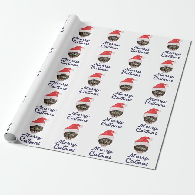 Merry Catmas, Christmas Cat Santa hat Invitation Wrapping Paper (Unrolled)