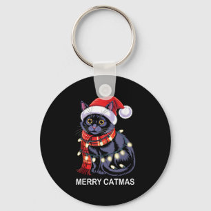 Merry Catmas Christmas Lights Cat Santa Hat Xmas M Key Ring