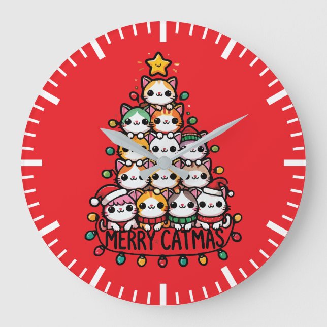Merry Catmas Cute Cat Christmas Tree Holiday Large Clock (Front)