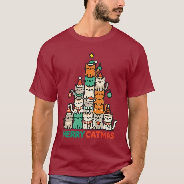 Merry Catmas Cute Cat Christmas Tree Holiday T-Shirt (Front)