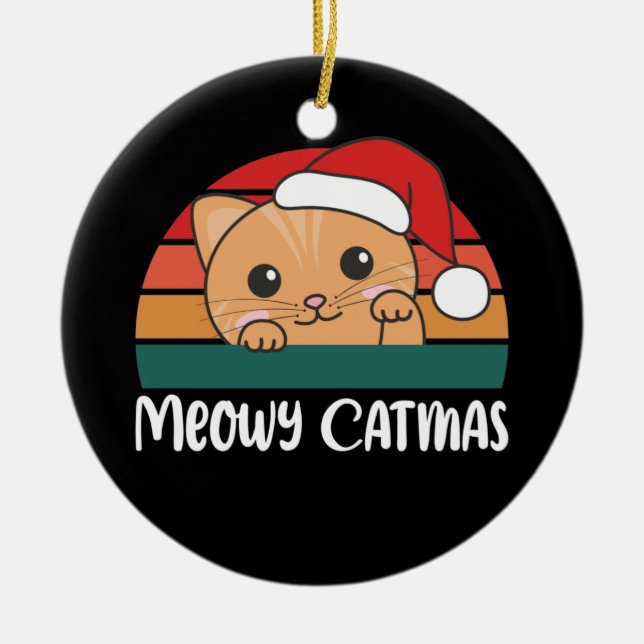 Merry Catmas Funny Cat Christmas Pun Ceramic Ornam Ceramic Ornament (Front)