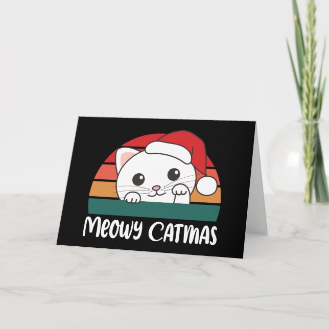 Merry Catmas Funny Cat Christmas Pun Holiday Card (Front)