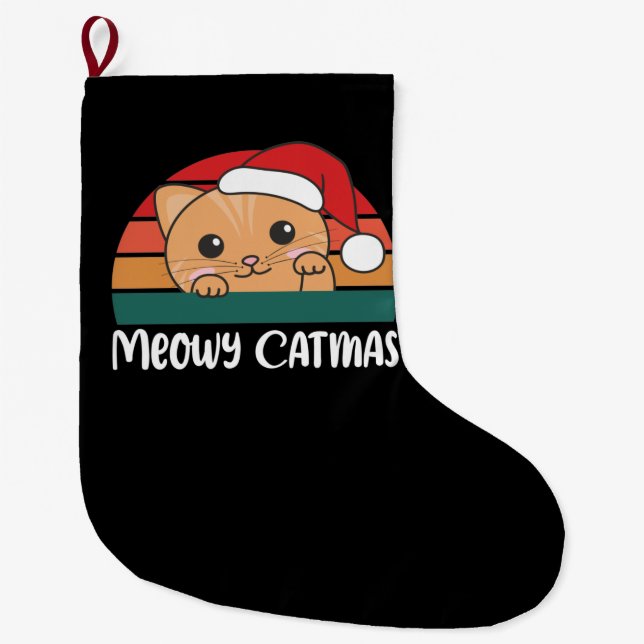 Merry Catmas Funny Cat Christmas Pun Large Christm Stocking (Front)